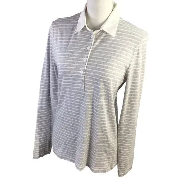Amina Rubinacci Italy Polo Long Sleeve Gray White Stripe Cotton Size 48 or US 12 - Picture 2 of 10